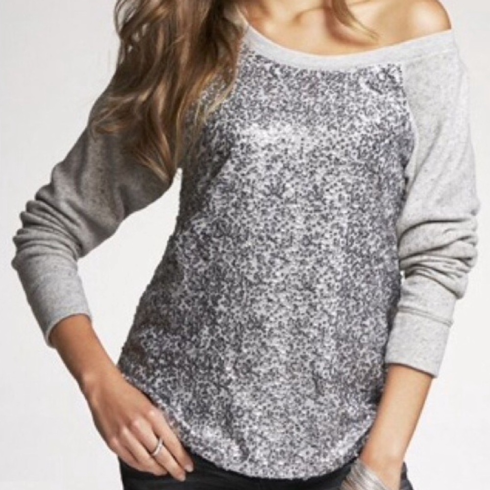 Express Gray/Silver Raglan Sequin Front Sweatshirt - image 1